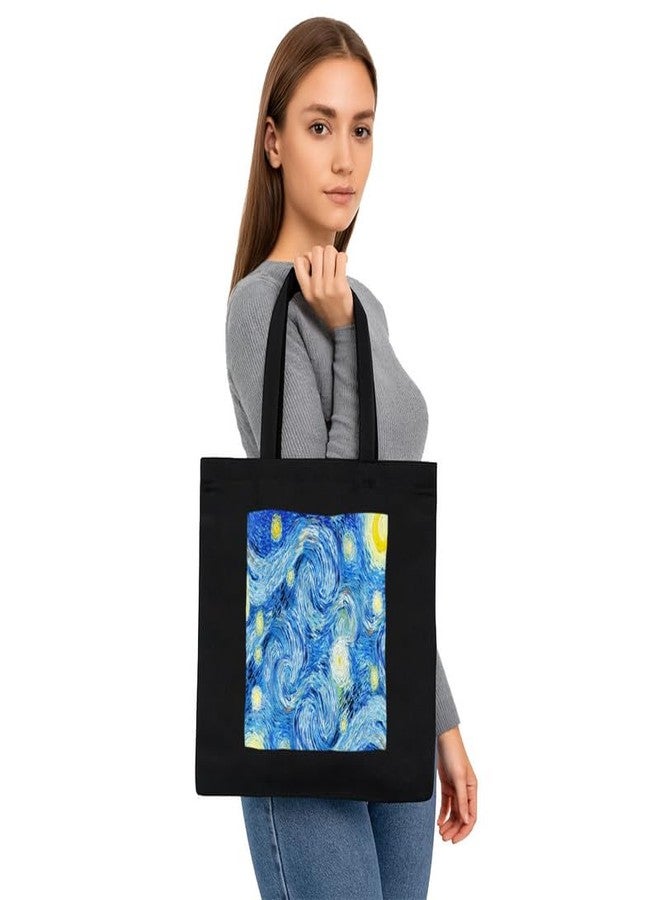 PrintingZone حقيبة تسوق سوداء من PrintingZone مزودة بجيب، حقائب قماشية مطبوعة بتصميمات مميزة للنساء، سعة كبيرة | حقيبة تسوق | للجامعة | للسفر | المزيد من حقائب اليد القماشية للجنسين (BTB199) - Image 3